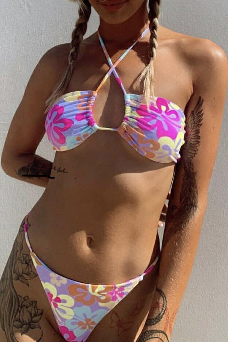 Multi Floral Print Halter Two Piece Swimsuit Areous