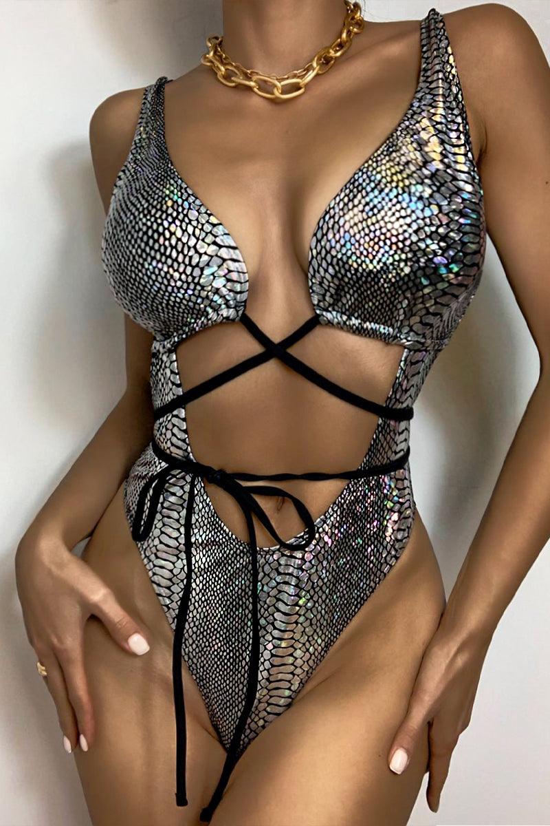 Multi Holographic Snake Print Strappy One Piece Swimsuit Areous