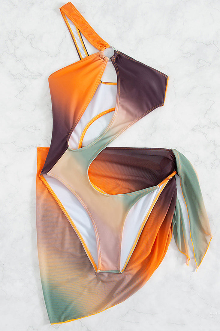 Multi Ombre O-Ring Asymmetrical One Shoulder Monokini With Cover Up Areous