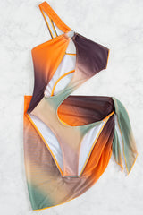 Multi Ombre O-Ring Asymmetrical One Shoulder Monokini With Cover Up Areous