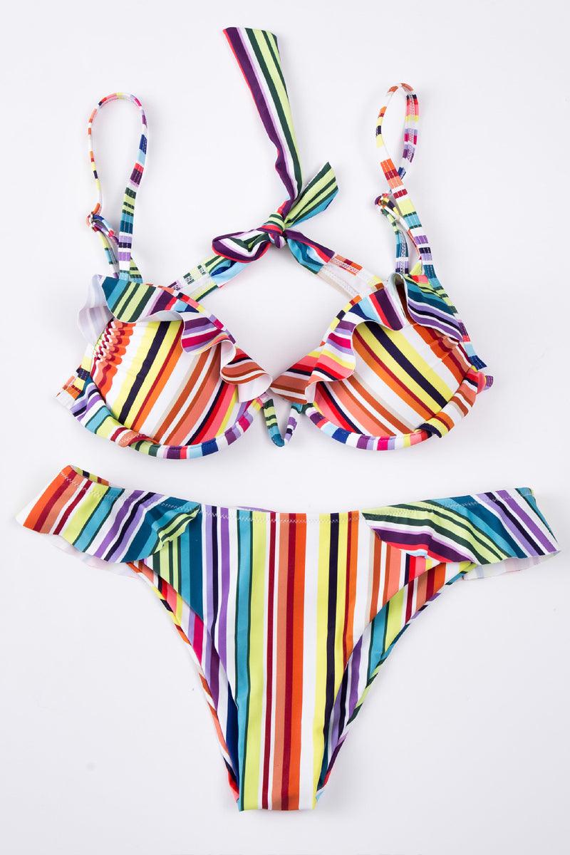 Multi Striped V Underwire Ruffled Two Piece Swimsuit Areous