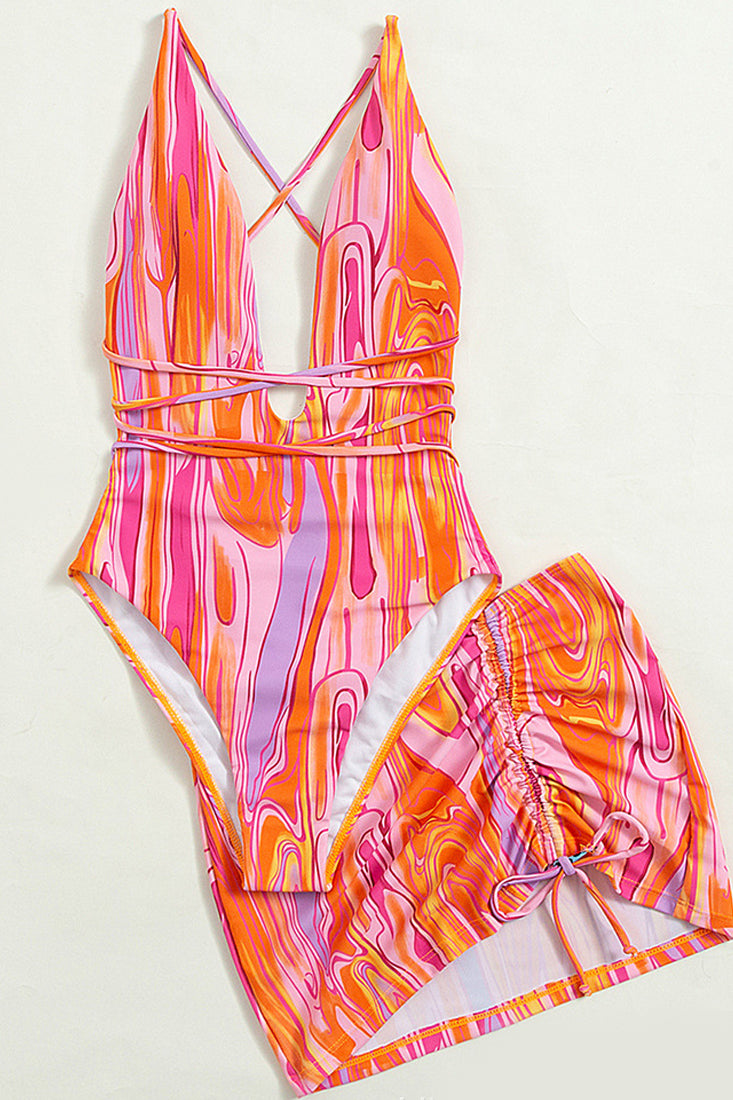 Multi V-Neck Sleeveless Backless Monokini With Skirt Cover Up Areous