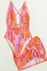 Multi V-Neck Sleeveless Backless Monokini With Skirt Cover Up Areous