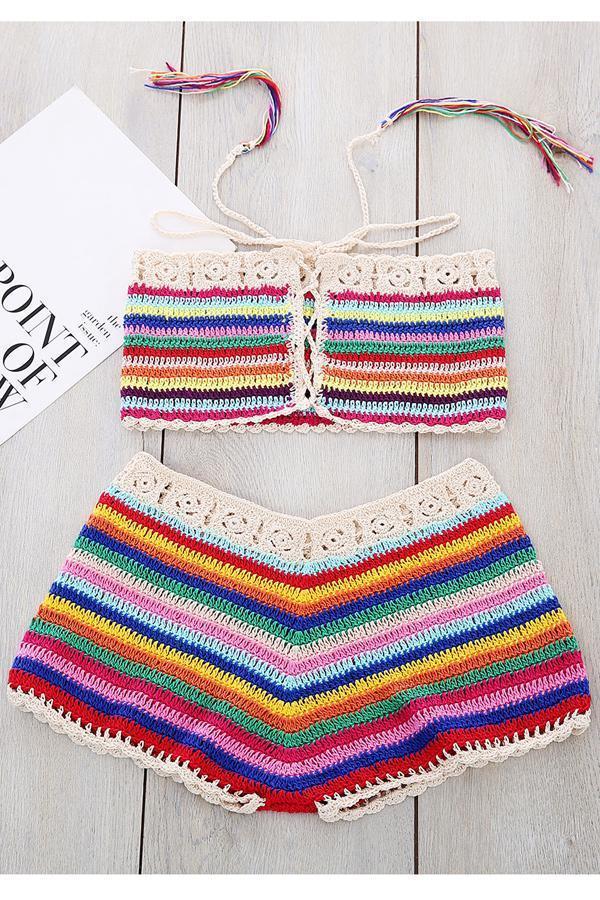 Multicolor Knitted Tassels Bikini Set Areous