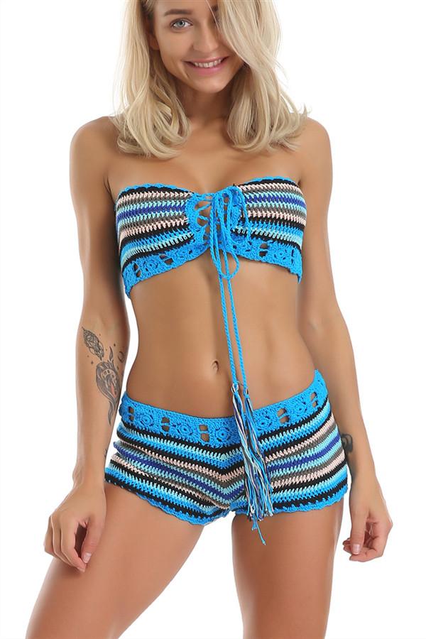 Multicolor Knitted Tassels Bikini Set Areous