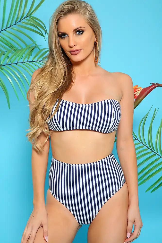 Navy White Stripe Print Padded Bandeau Two Piece Swimsuit Areous