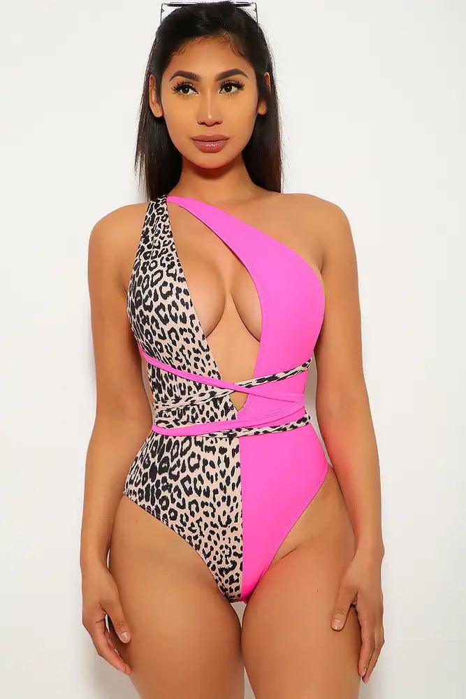 Neon Pink Leopard Print One Piece Monokini Areous