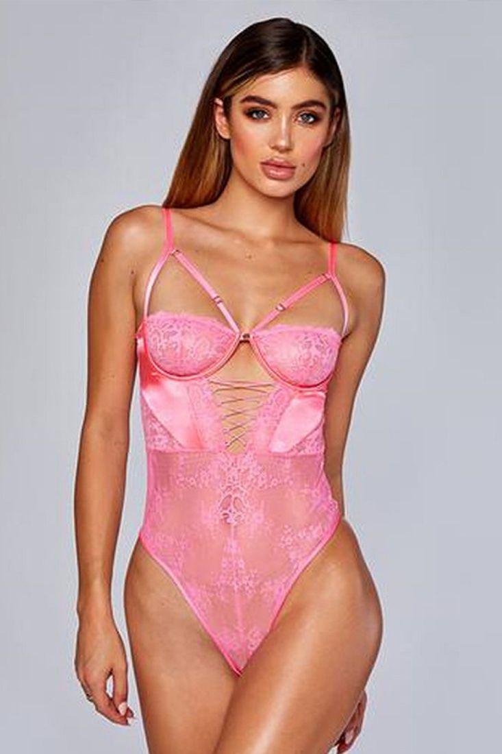 Neon Pink Wired Boned Corset Mesh Lace Teddy Areous