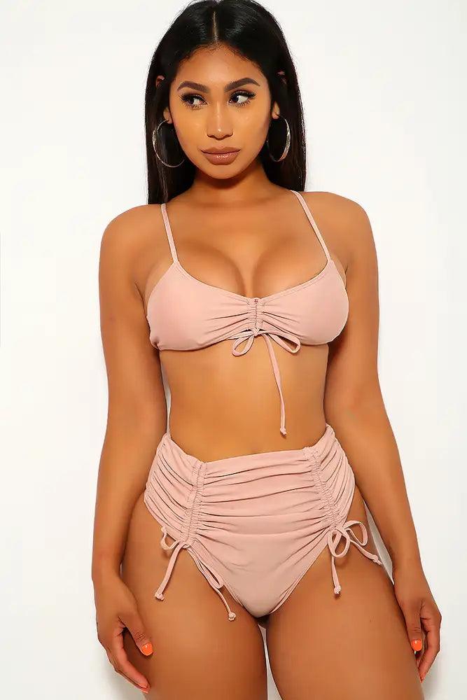Nude High Waist Ruched Two Piece Swimsuit Areous