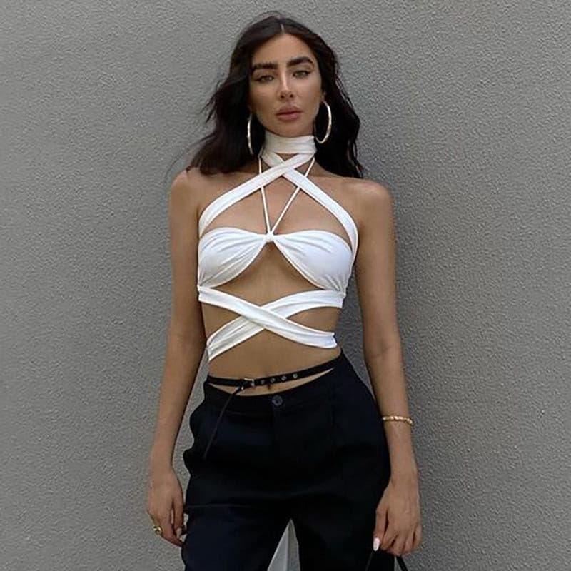 Halter neck tube top with hollow out navel straps