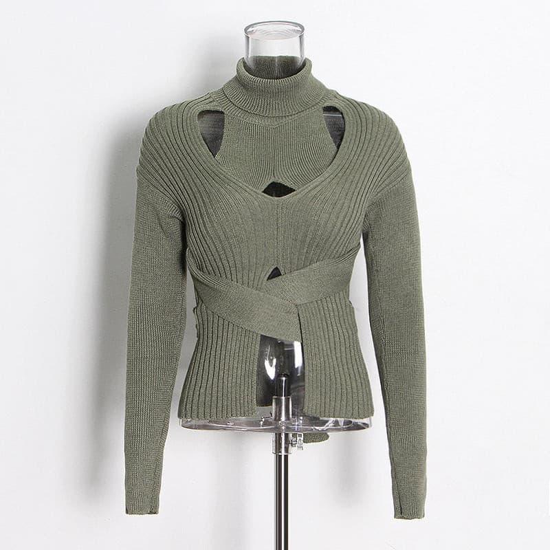 Hollow high neck tie elastic slim short sweater