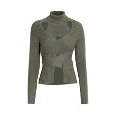 Hollow high neck tie elastic slim short sweater