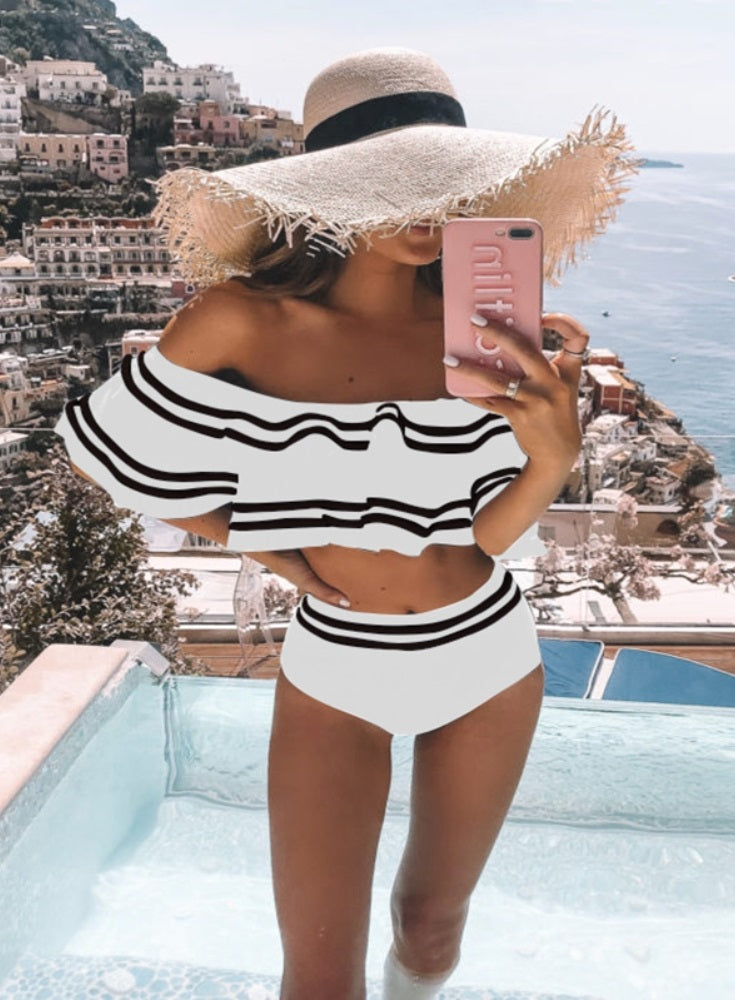 Off Shoulder Stripes High Waist Swimwear Areous