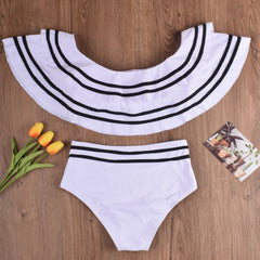 Off Shoulder Stripes High Waist Swimwear Areous