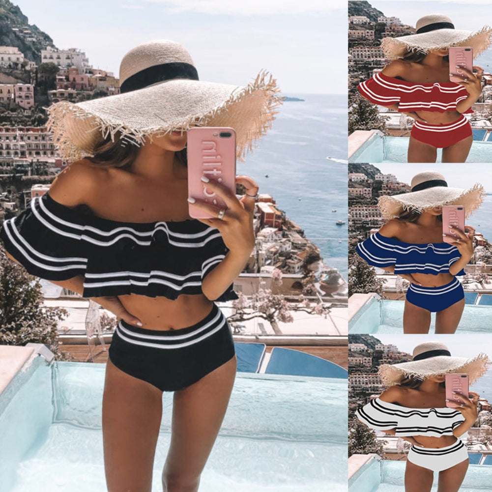 Off Shoulder Stripes High Waist Swimwear Areous