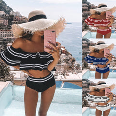 Off Shoulder Stripes High Waist Swimwear Areous