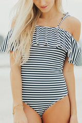 Off The Shoulder Striped One-piece Swimsuit Areous