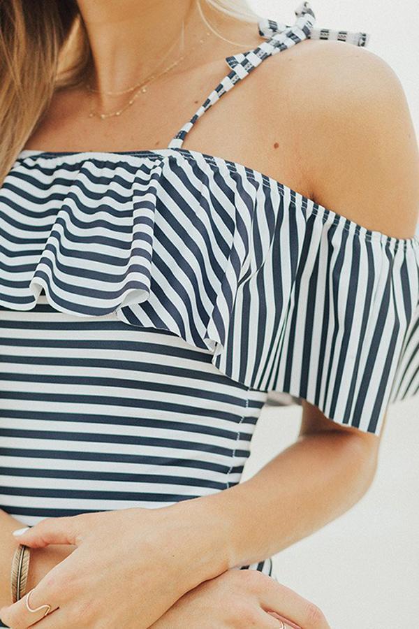 Off The Shoulder Striped One-piece Swimsuit Areous