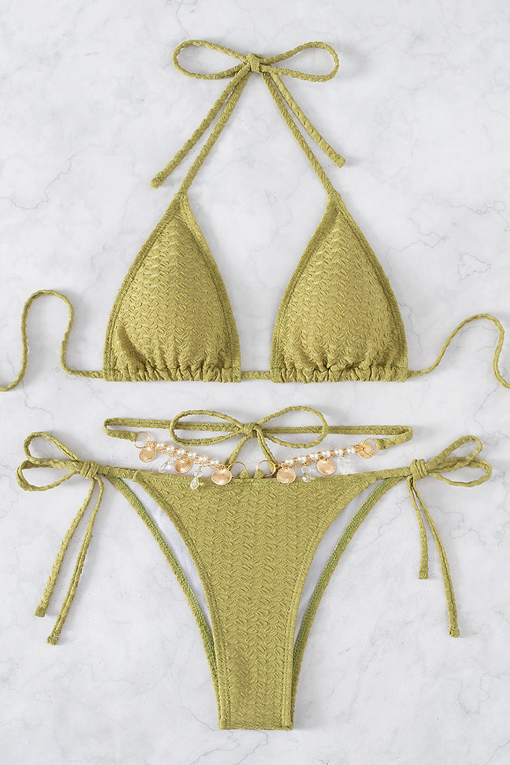 Olive Faux Pearl Triangle Strappy Halter 2 Pc Bikini Set Areous