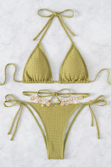 Olive Faux Pearl Triangle Strappy Halter 2 Pc Bikini Set Areous