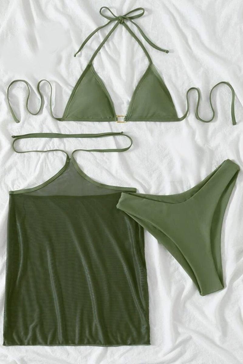 Olive Mesh Halter Three Piece Swimsuit Areous