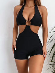 One-Piece Black Cut Out Metal Ring Halter Swimsuit Areous