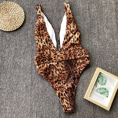 One-Piece Deep-V Leopard Swimwear Areous