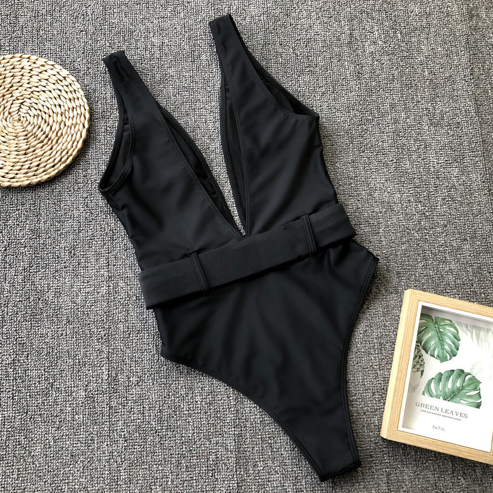 One-Piece Deep-V Plain Swimwear Areous