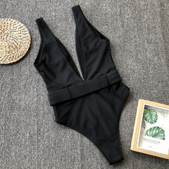 One-Piece Deep-V Plain Swimwear Areous