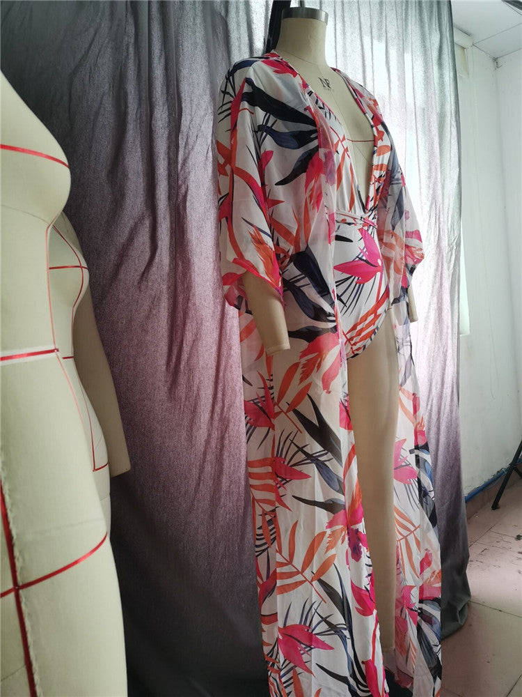 One-Piece Deep-V Print Cover Up Bikini Set Areous