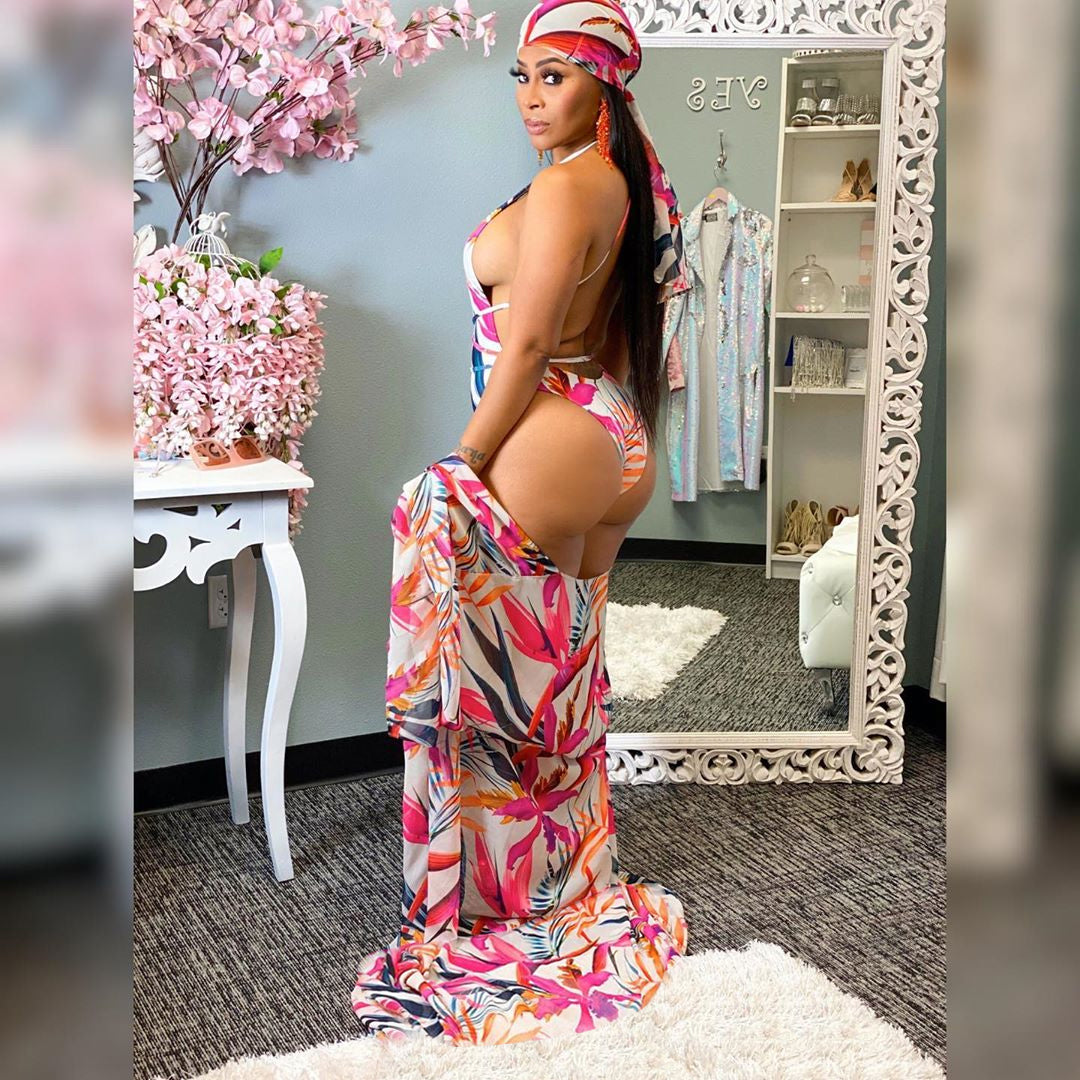 One-Piece Deep-V Print Cover Up Bikini Set Areous