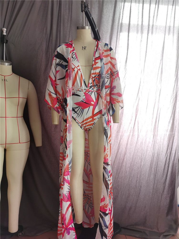One-Piece Deep-V Print Cover Up Bikini Set Areous