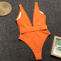 One-Piece Deep-V Swimwear with Belt Areous