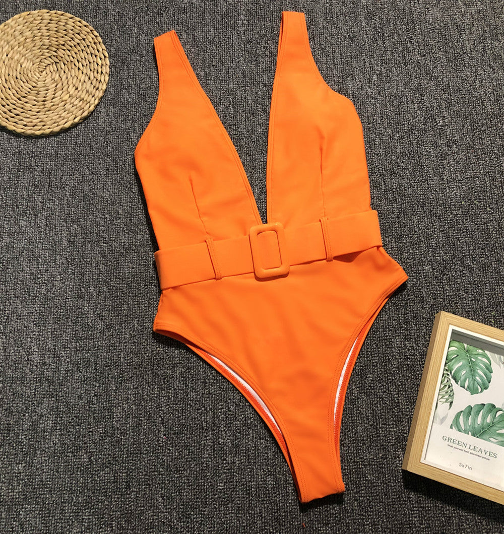 One-Piece Deep-V Swimwear with Belt Areous