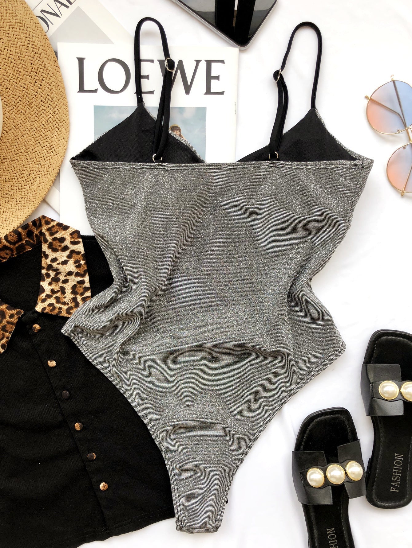 One Piece High Cut Metallic Strap Swimwear Areous