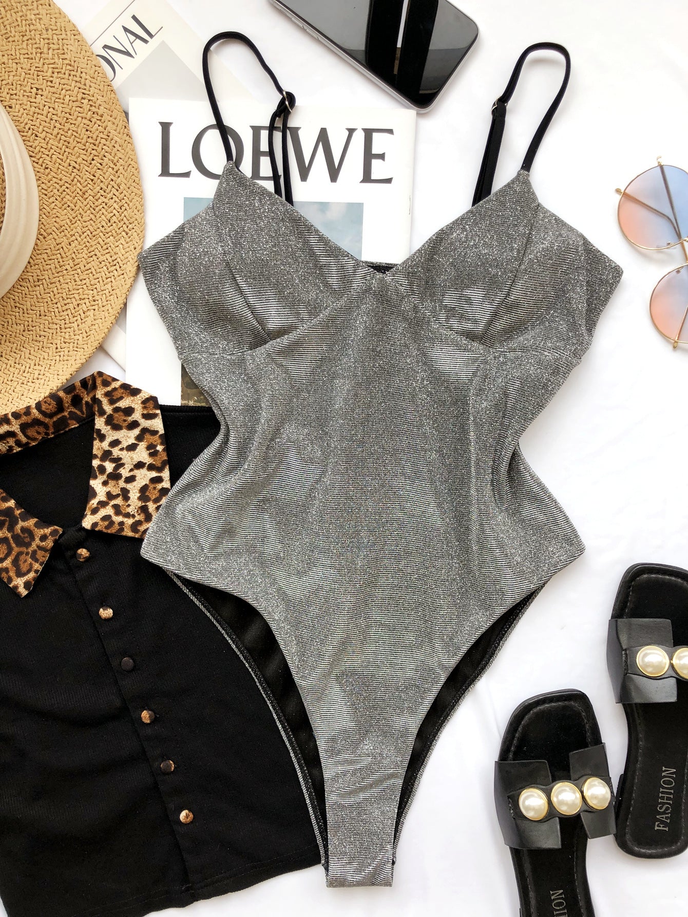 One Piece High Cut Metallic Strap Swimwear Areous