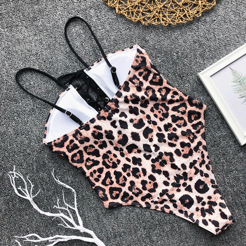 One-Piece Lace Up Leopard Straps Swimwear Areous