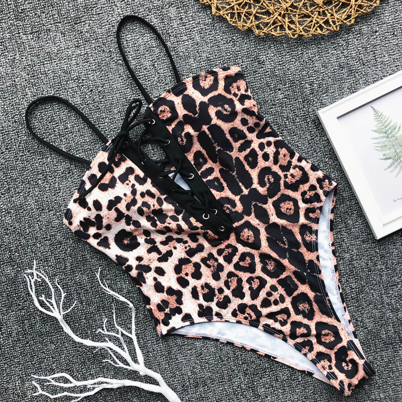 One-Piece Lace Up Leopard Straps Swimwear Areous