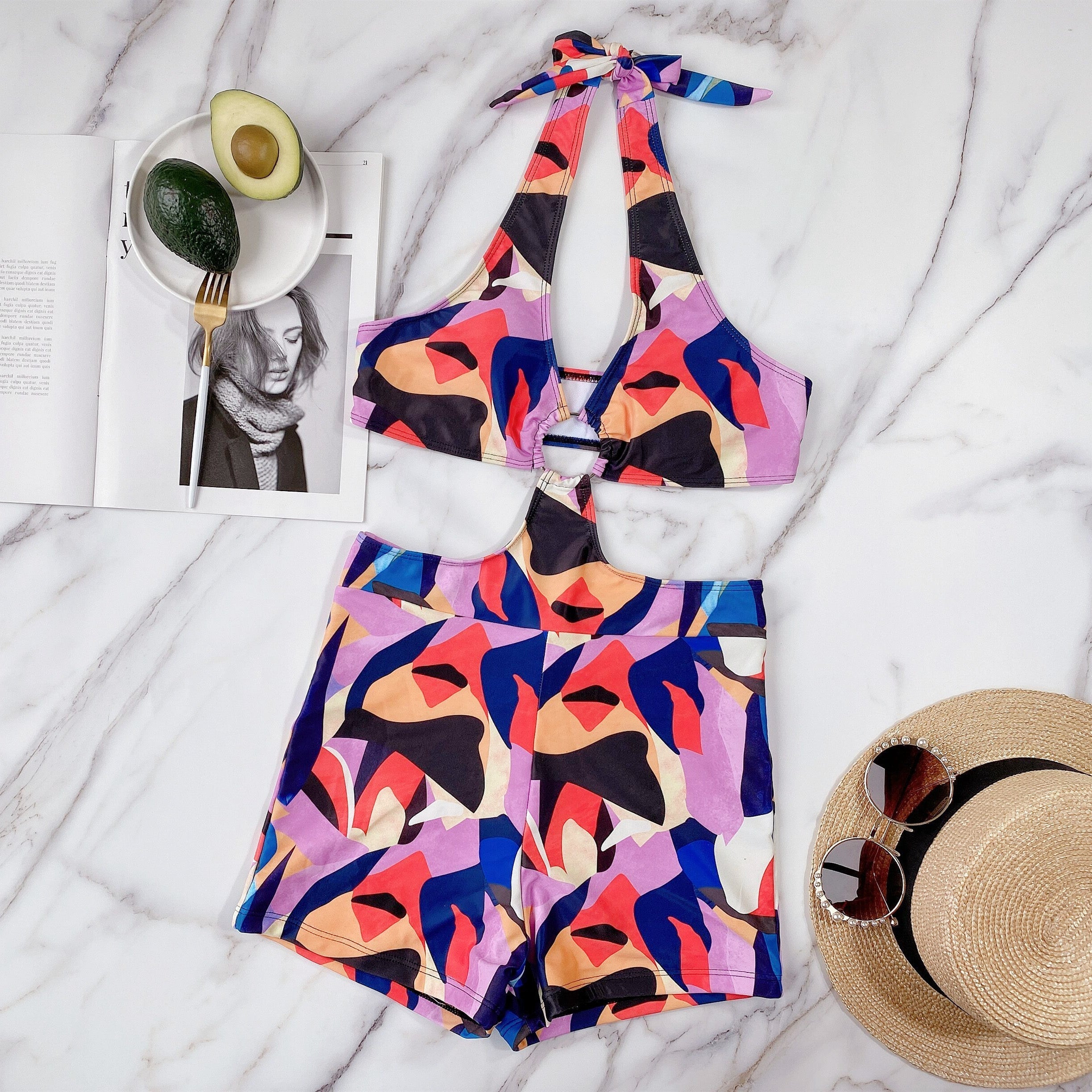 One-Piece Multi-Color Cut Out Metal Ring Halter Swimsuit Areous