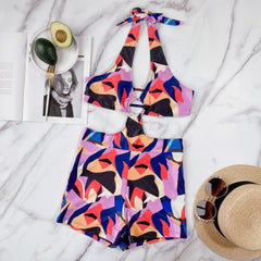 One-Piece Multi-Color Cut Out Metal Ring Halter Swimsuit Areous