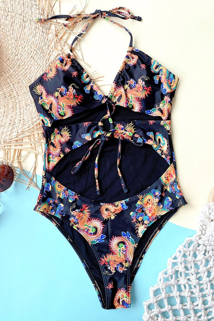 One-Piece Print Black Cut Out Halter Swimwear Areous