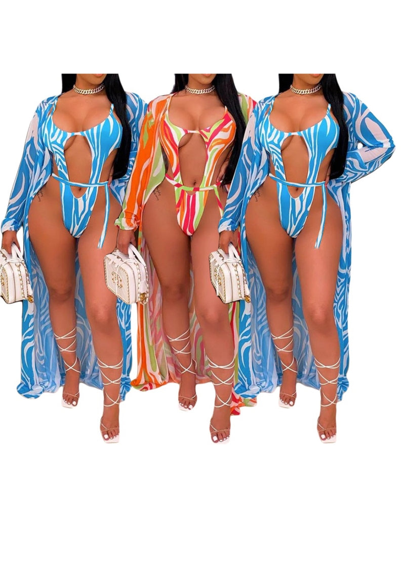 One-Piece Print High Cut Cut Out Swimwear with Matching Cover Ups Areous