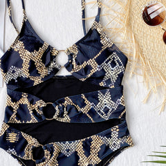 One-Piece Print Strap Cut Out Metal Ring Swimwear Areous