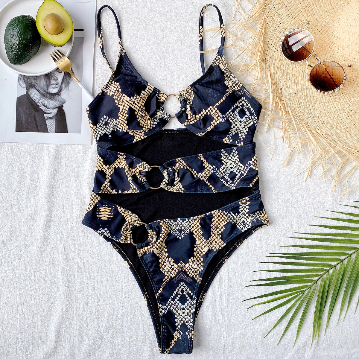 One-Piece Print Strap Cut Out Metal Ring Swimwear Areous