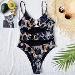 One-Piece Print Strap Cut Out Metal Ring Swimwear Areous