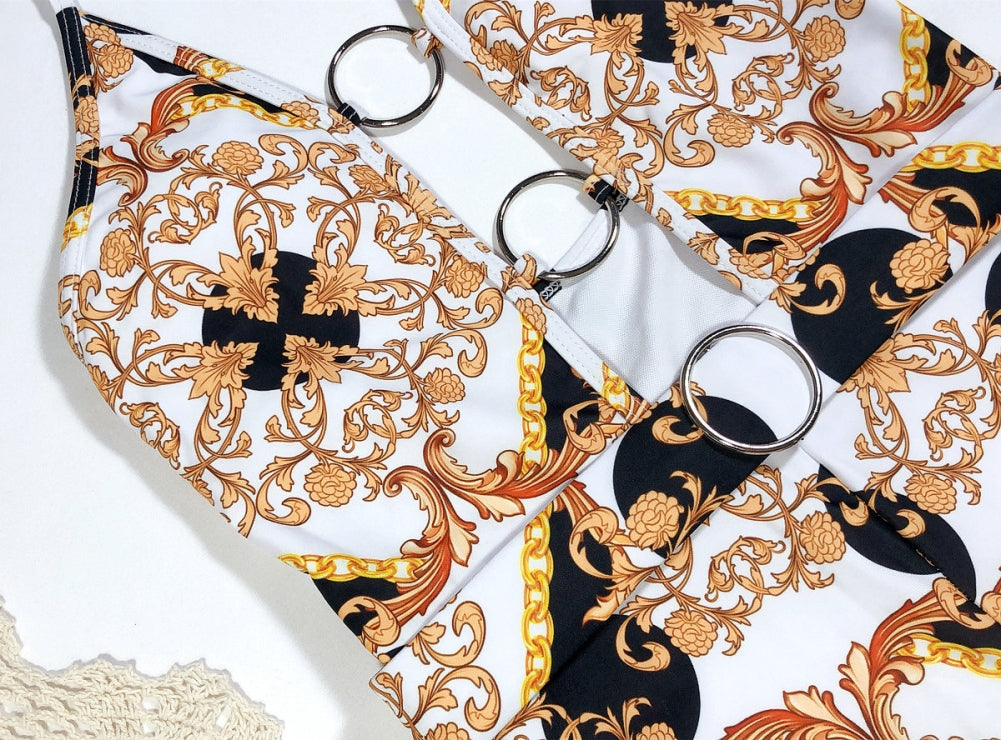 One Piece Retro Print O-Ring Swimwear Areous