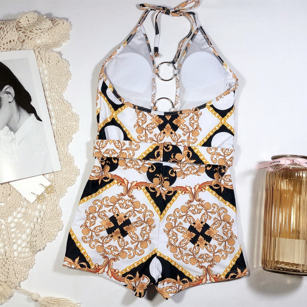 One Piece Retro Print O-Ring Swimwear Areous