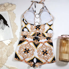 One Piece Retro Print O-Ring Swimwear Areous