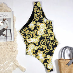 One Piece Retro Print One Shoulder Swimwear Areous