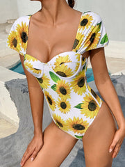 One Piece Short Sleeve Floral Swimwear Areous